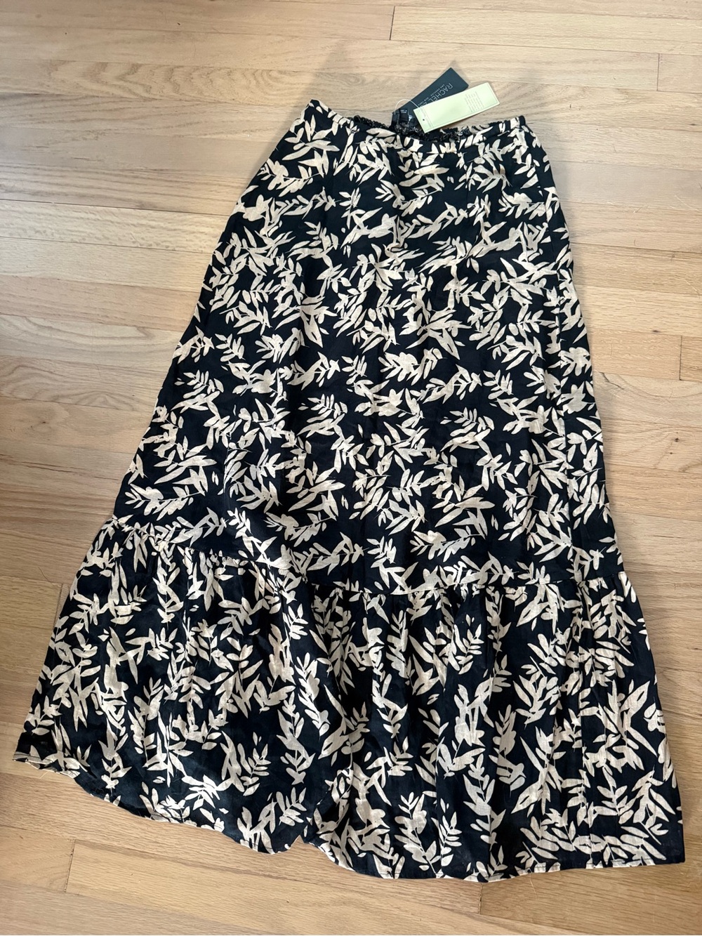 NEW Rachel Zoe Small Black & Tan Botanical Print Linen Blend Boho Maxi Skirt